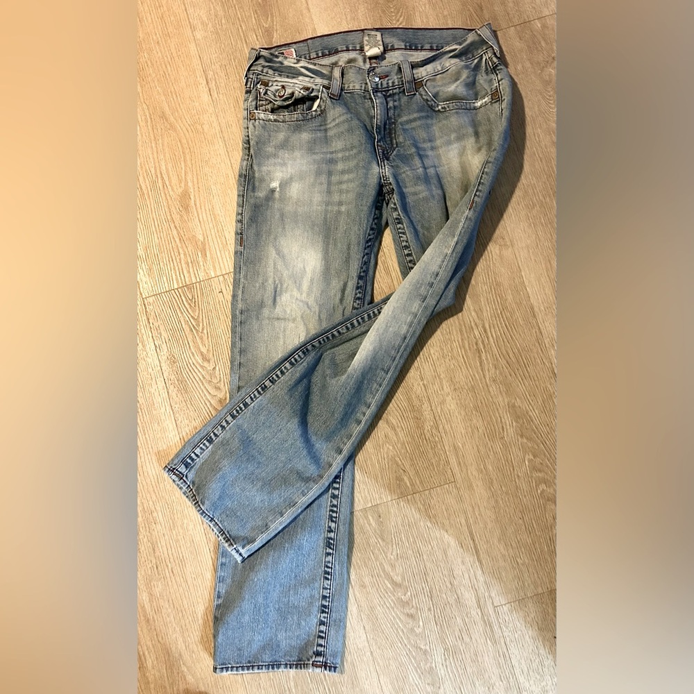 True Religion Jeans Ricky Tour Blue Denim Horseshoe Pocket Distressed Mens 34.